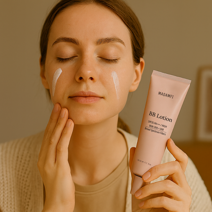Cildiniz Neden Kuruyor? Mevsim Geçişlerinde Nem Dengesini Korumak İçin 5 İpucu 5 Kadın yüzüne güneş koruyucu krem uygularken elinde Madam Fi BB Lotion tutuyor. SPF koruma ve nemlendirme temalı minimalist sahne.
