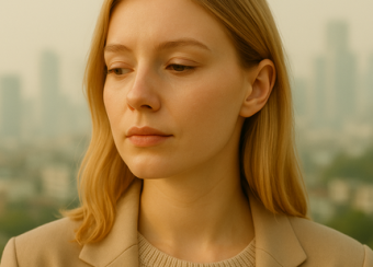 Modern yaşamın cilt üzerindeki etkilerini temsil eden, şehir arka planında stresli ama doğal bir kadın portresi