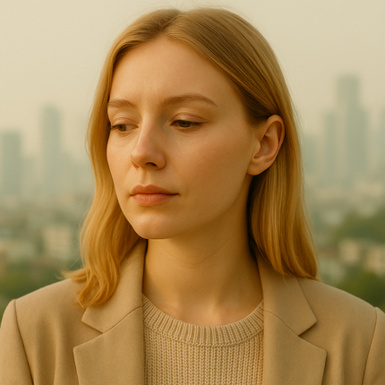 Modern yaşamın cilt üzerindeki etkilerini temsil eden, şehir arka planında stresli ama doğal bir kadın portresi