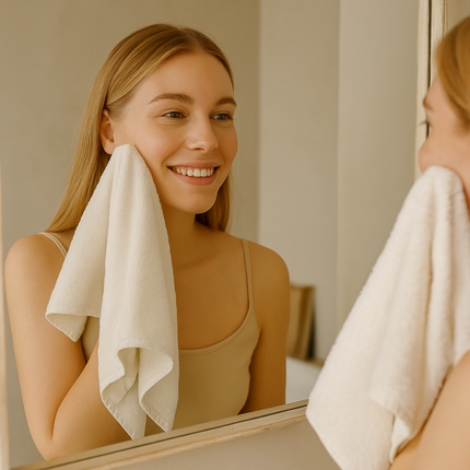 Cilt Stresi Nedir? Modern Hayatın Cildinize Etkileri 6 Cilt stresini azaltmak için sade sabah bakım rutini yapan kadın görseli.