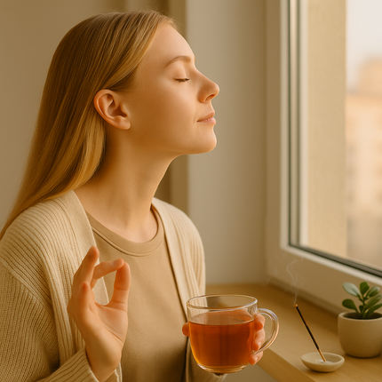 Cilt Stresi Nedir? Modern Hayatın Cildinize Etkileri 1 Zihinsel stresin cilt üzerindeki etkilerini anlatan, huzurlu ortamda rahatlamaya çalışan kadın portresi.