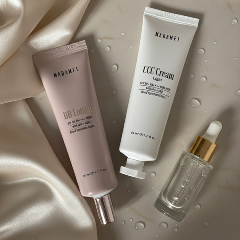 Minimalist cilt bakım düzeni, damlalık serumlar ve nötr tonlarda modern ürünlerle 2026 cilt bakım trendlerini temsil eden kapak görseli