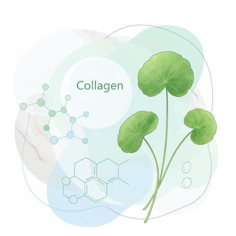 2026 Cilt Bakım Trendleri: Minimalist Rutinler, Akıllı Aktifler ve “Skin Longevity” Akımı 2 Niasinamid molekülü, Centella Asiatica yaprağı ve kolajen zincirini temsil eden bilimsel ama minimalist illüstrasyon