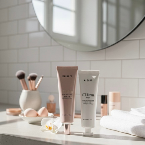 2026 Cilt Bakım Trendleri: Minimalist Rutinler, Akıllı Aktifler ve “Skin Longevity” Akımı 3 Doğal ışıkta hafif ürünlerle oluşturulmuş minimalist makyaj düzeni ve ‘second skin’ etkisi